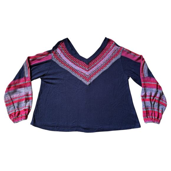 Free People Copenhagen Thermal Top Crochet Knit Boho Casual Blue Bohemian - Picture 1 of 7
